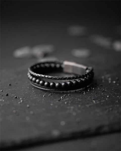 Dreifacharmband mit 6 mm Achatstein und Nappaleder - Triple Black